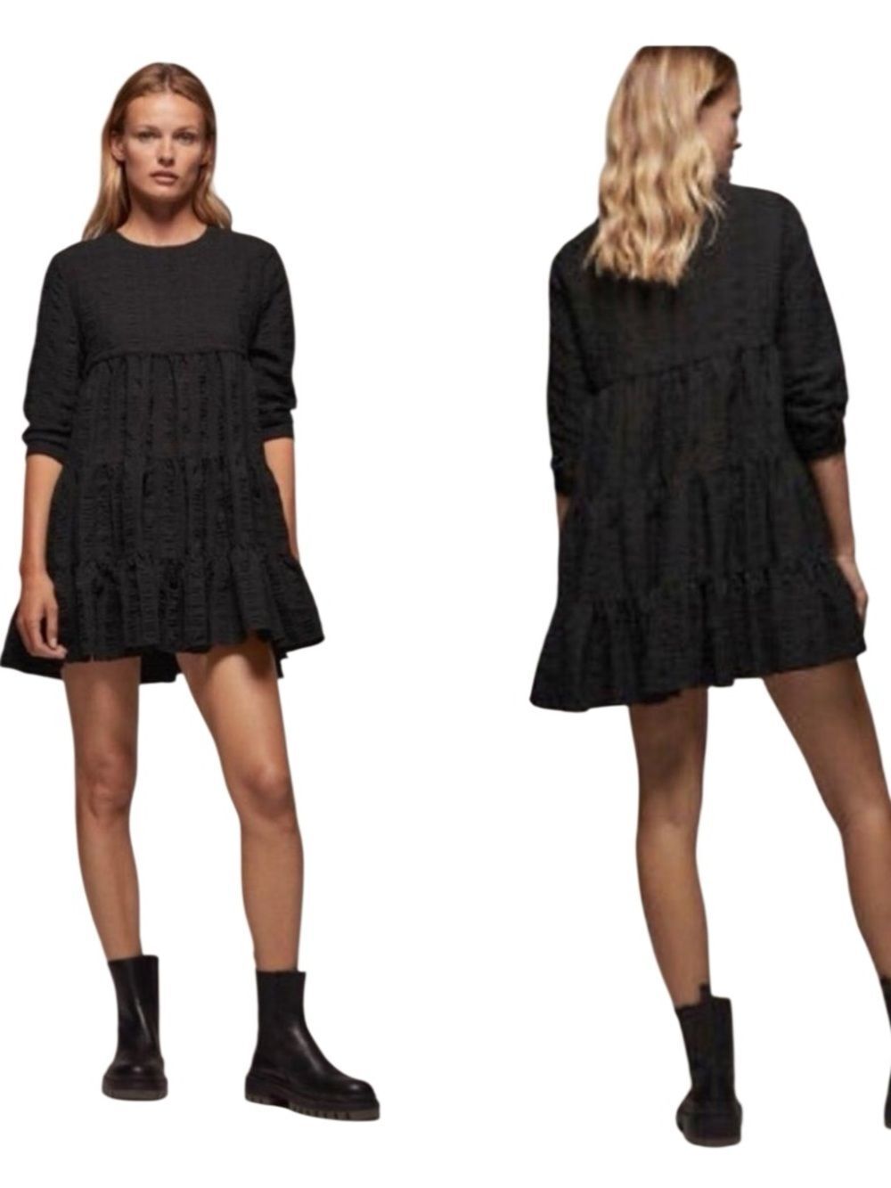 ZARA black textured tiered Sharon babydoll mini dress Size XS